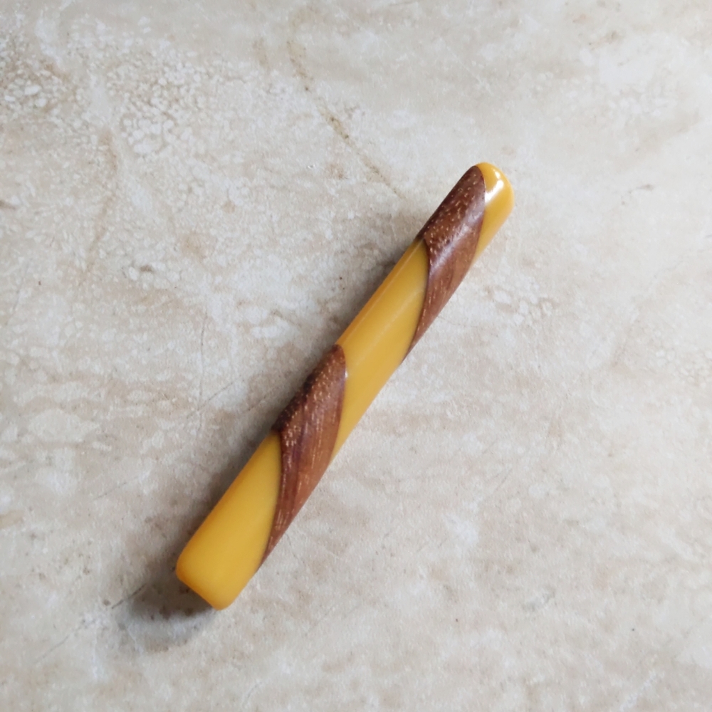 Vintage Candy Stripe Yellow & Wood Bakelite Lucite Long Pin Brooch
